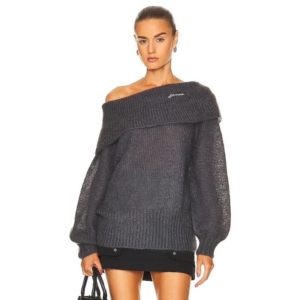 Ganni | Open Off Shoulder Mohair Wool Sweater Grey Size L